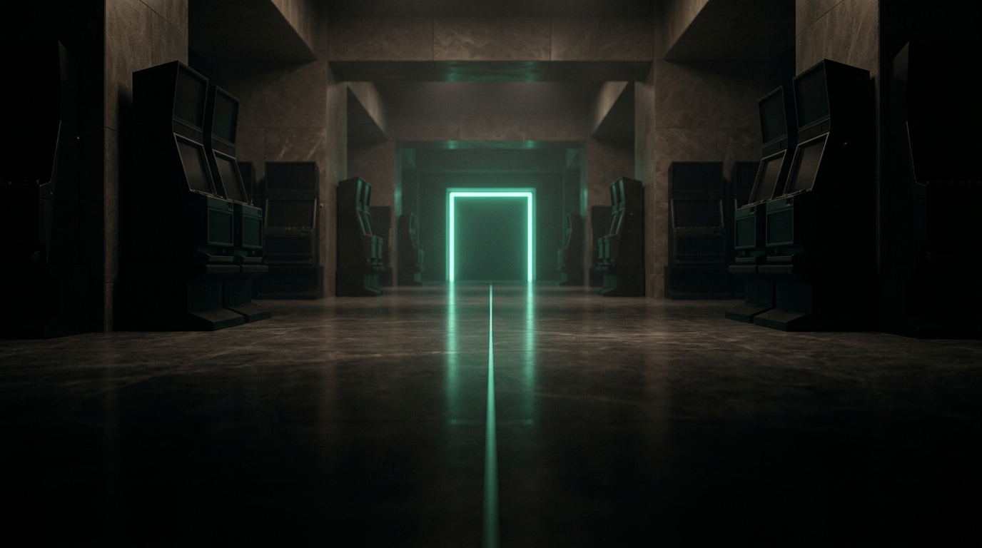 A dark casino corridor ending in a mint doorway