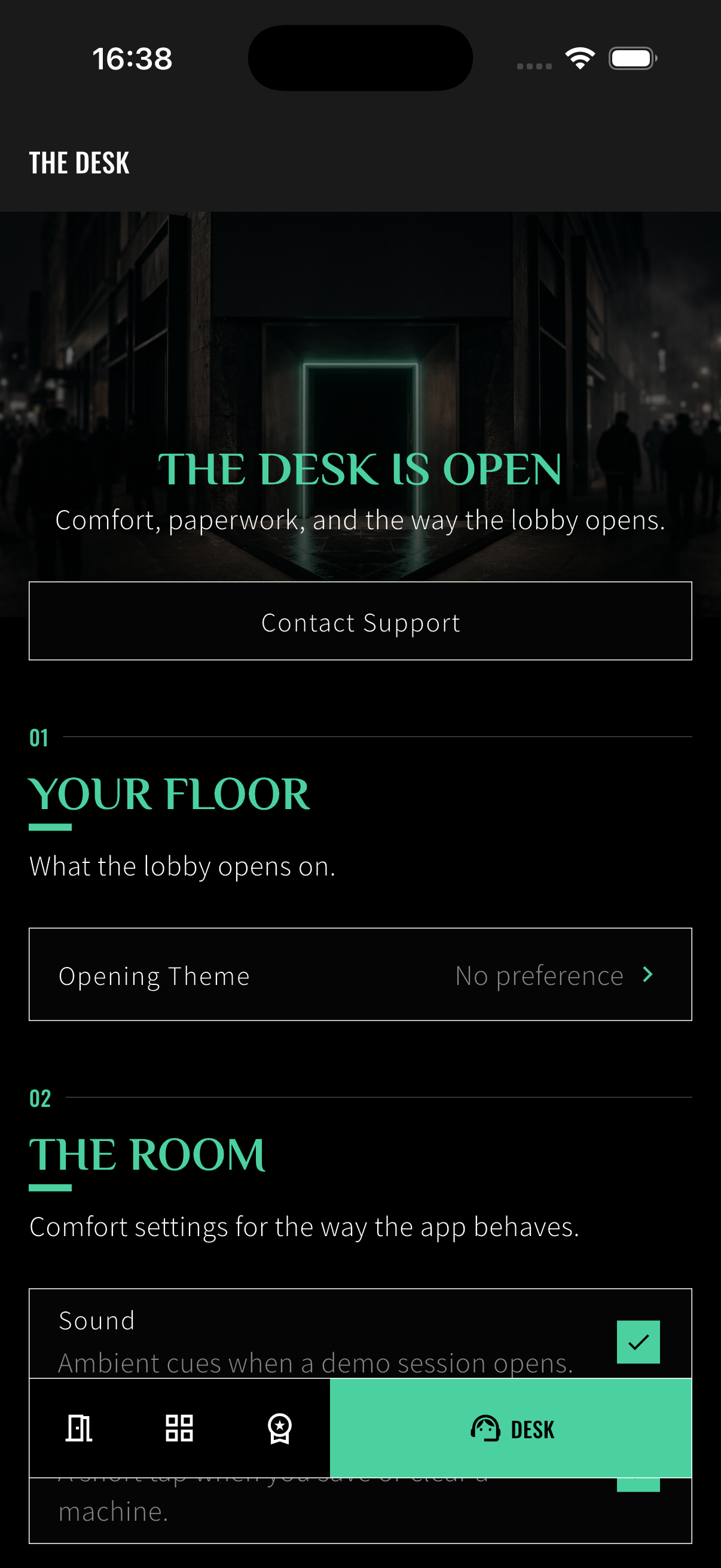 The Desk settings for theme, sound, and legal pages