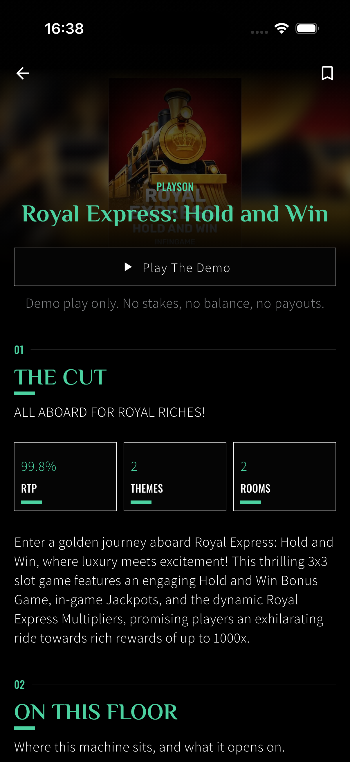 Game details with Play The Demo and studio, RTP, and theme plaques