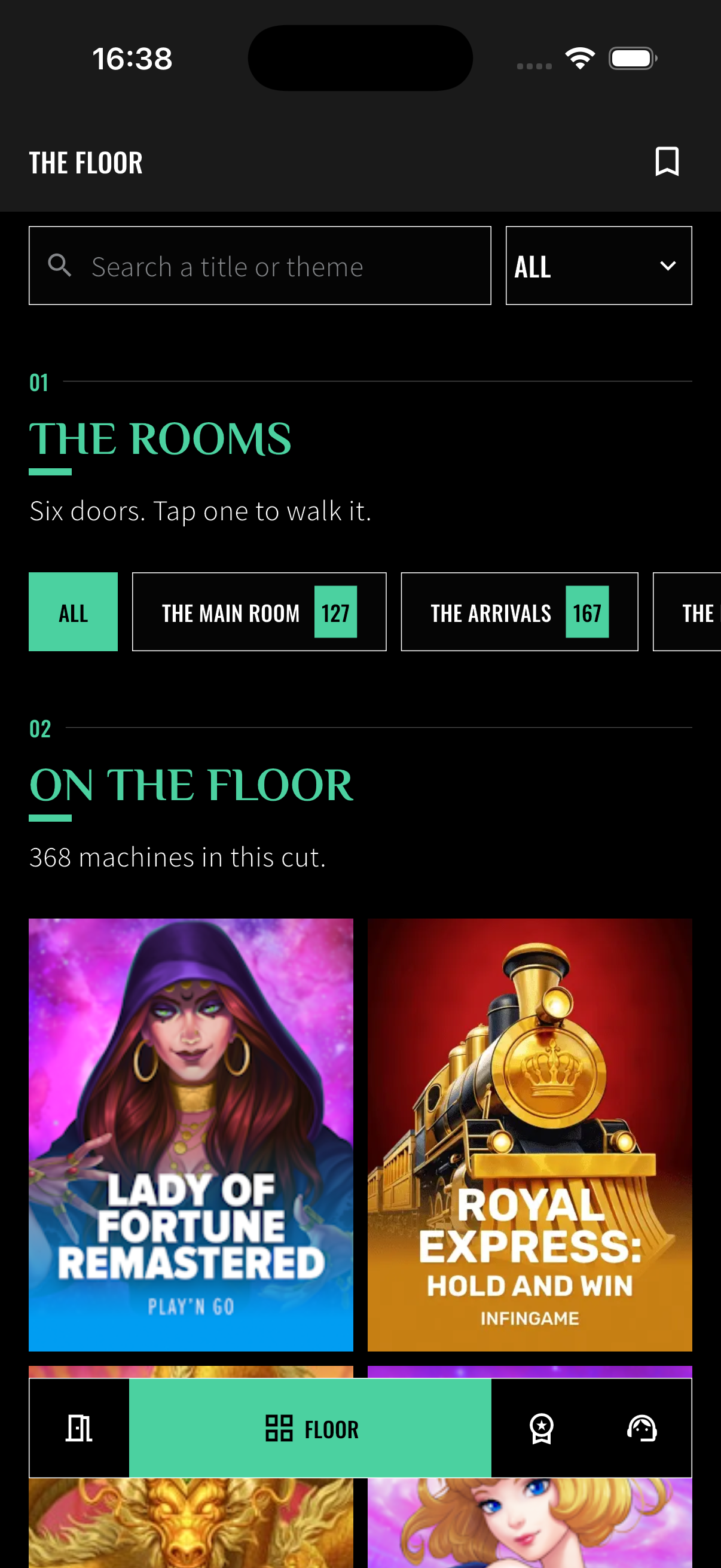 Floor directory with room chips and a two-up machine grid