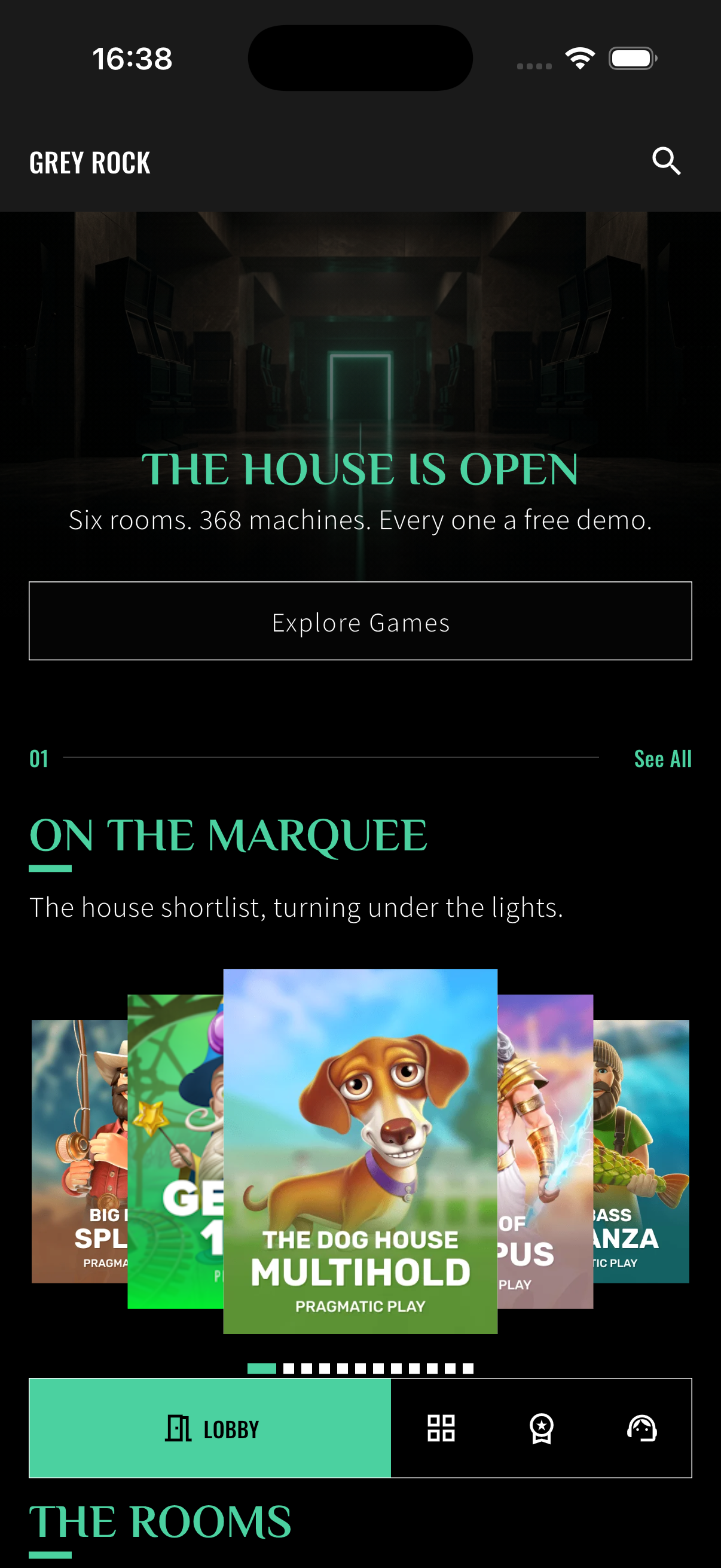 Lobby with house hero, marquee tiles, and Explore Games