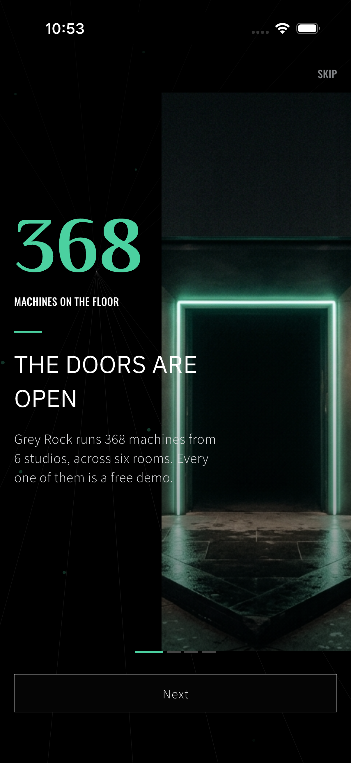Onboarding screen: 368 machines and The doors are open